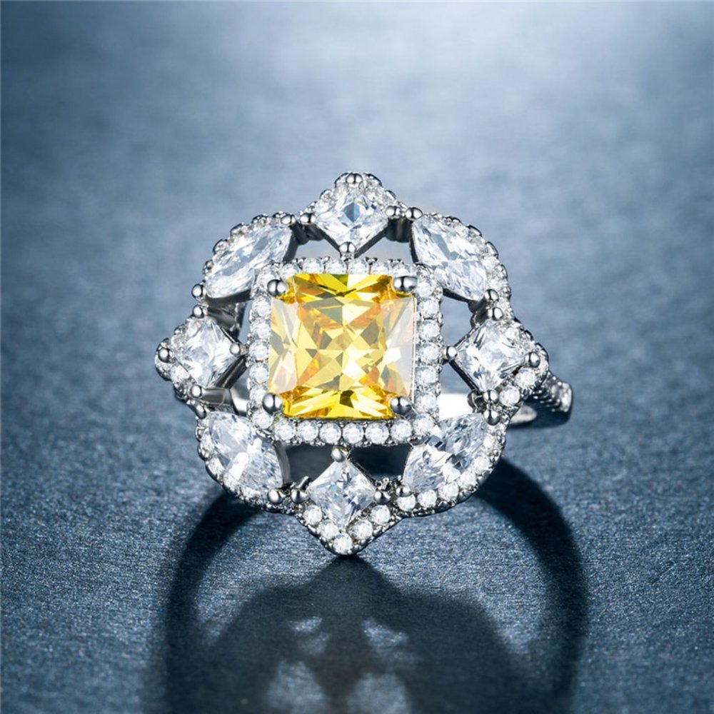 NEW Silver Cushion Citrine Diamond Halo Ring - Picture 3 of 4